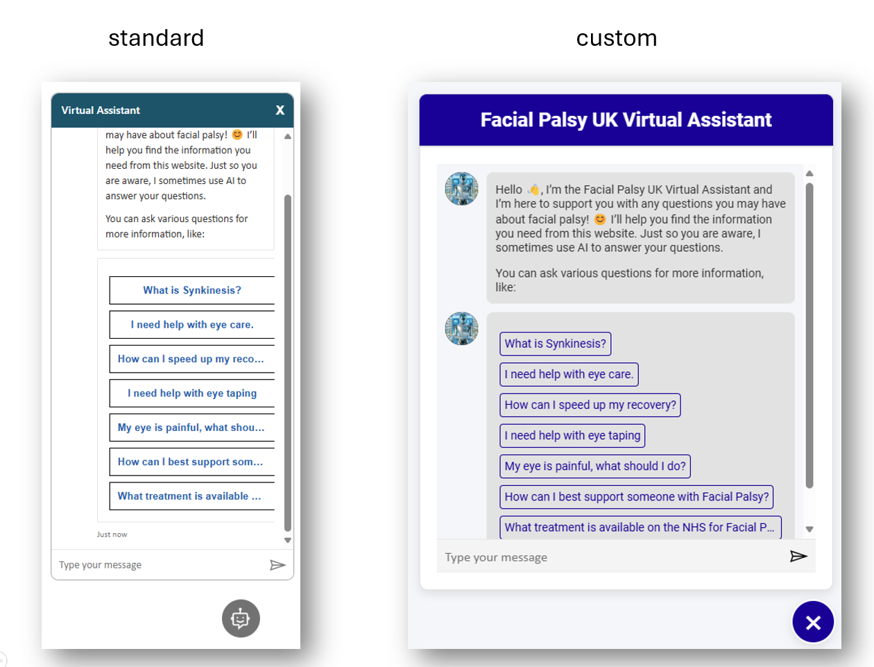 Custom chatbot UI compared to the standard UI
