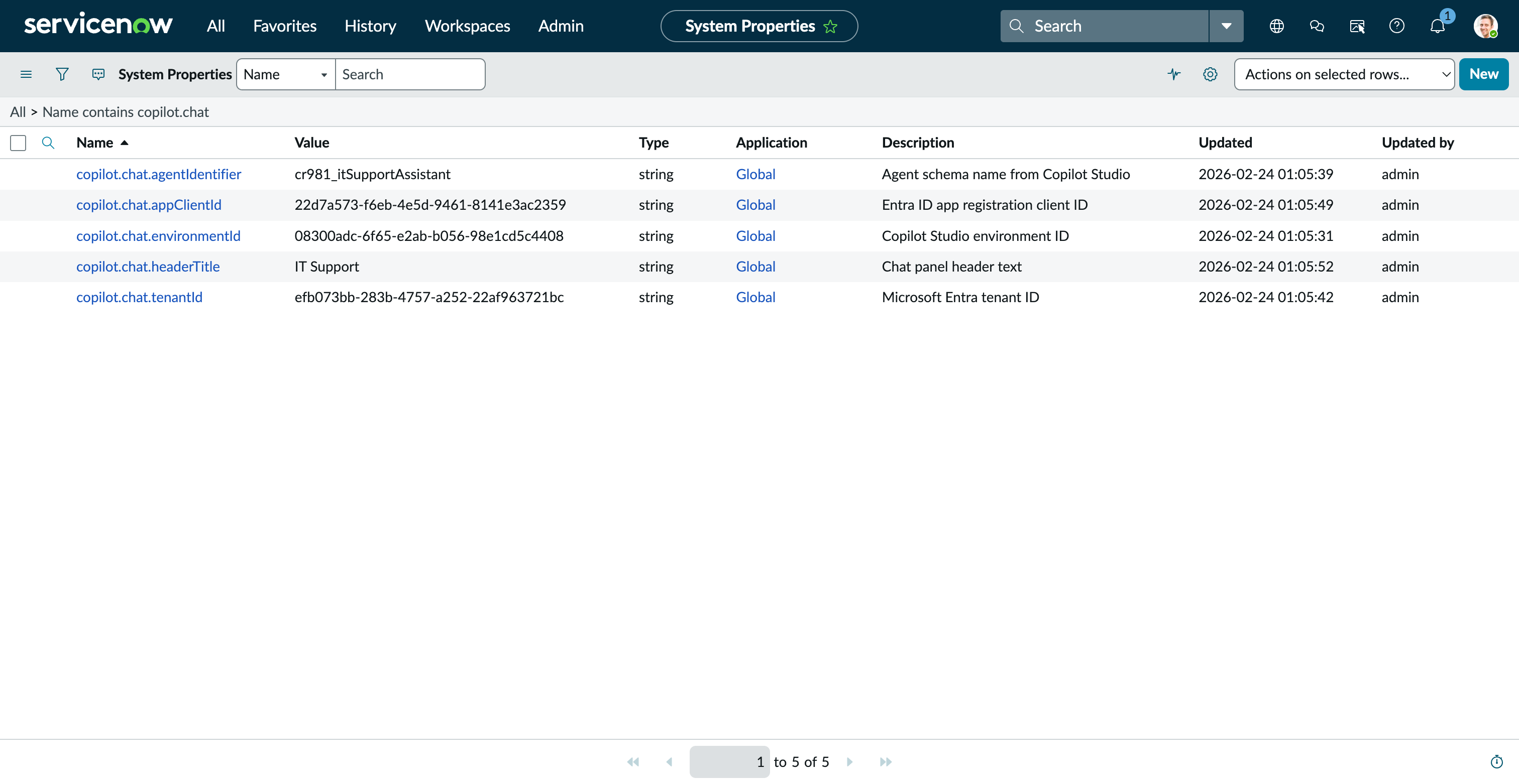 System Properties filtered to copilot.chat.*