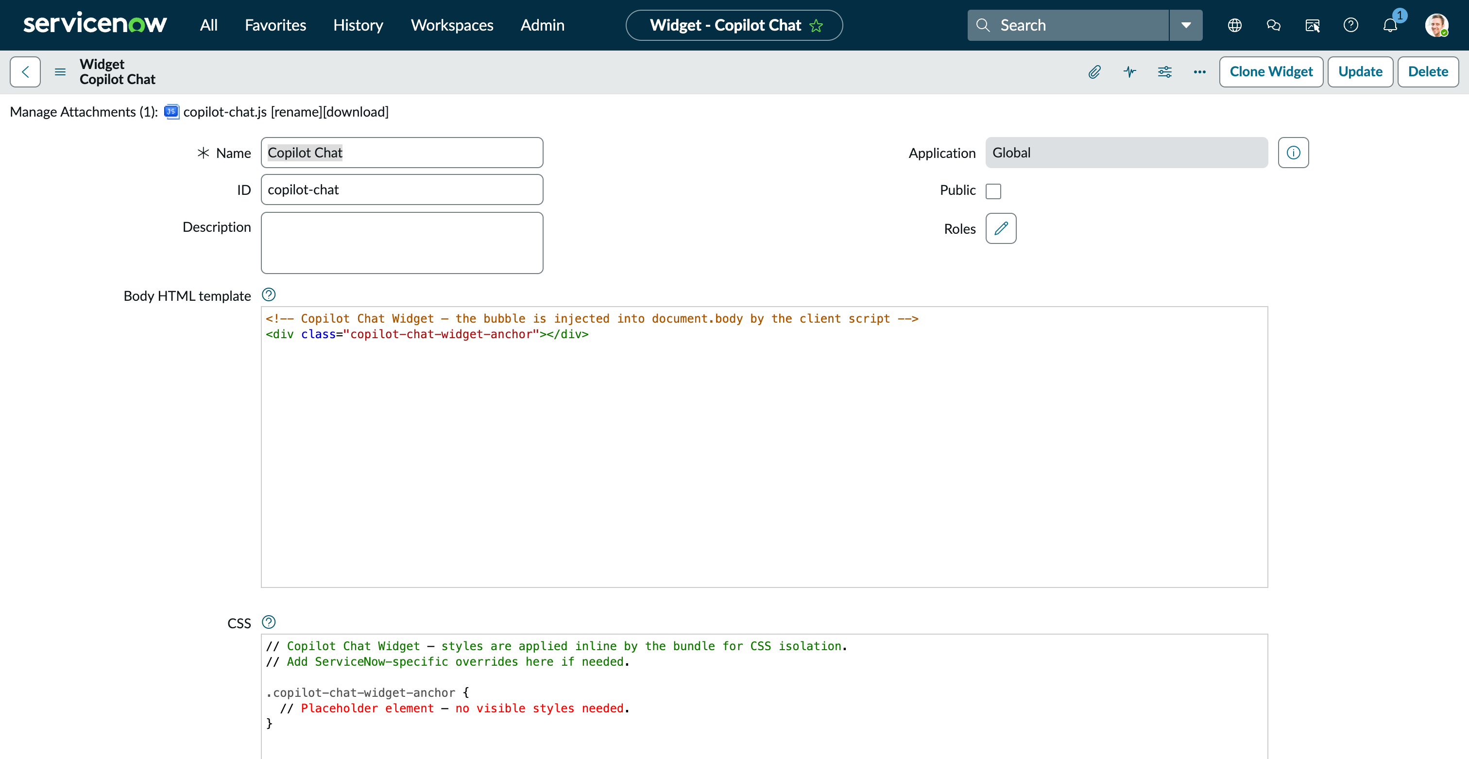 Widget form showing name, ID, and attachment