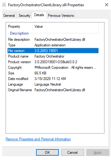 version number in the properties of Microsoft.FactoryOrchestrator.Client.dll