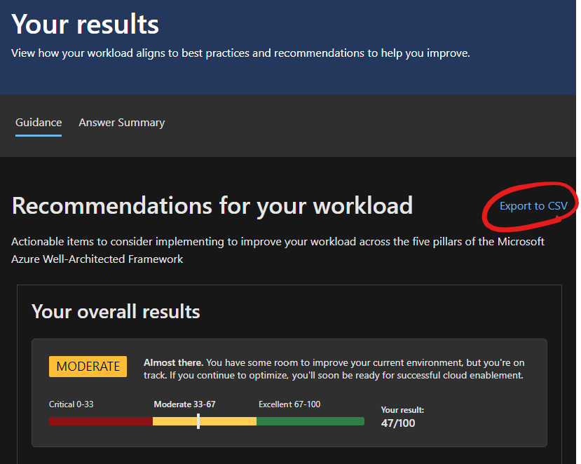 Export to CSV in the Well-Architected Assessment Review Example image of the assessment guidance and the link to export the
results