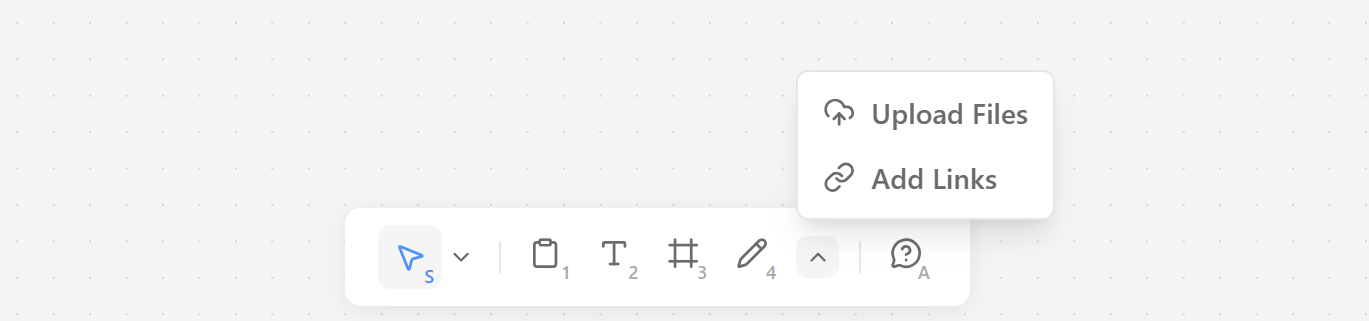 Huabu toolbar with the Upload or Link menu open showing Upload Files and Add Links, alongside the Note, Text, Frame, and Sketch tools
