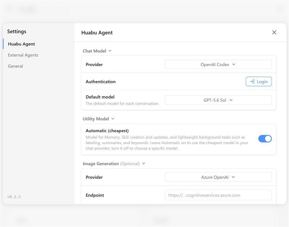 Huabu Agent settings with the Chat Model provider, endpoint, and API key fields