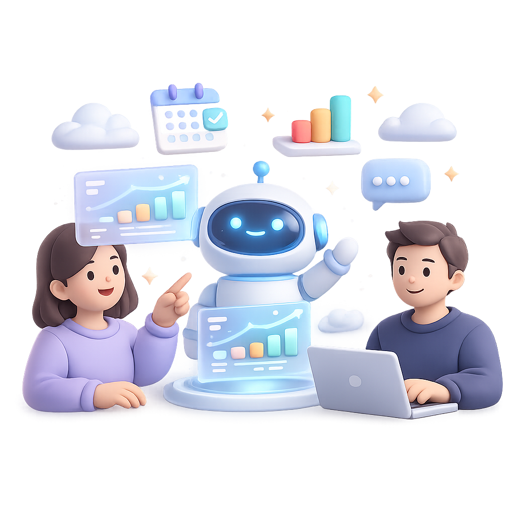 AI 로봇과 함께 노트북으로 협업하는 두 사람의 3D 일러스트