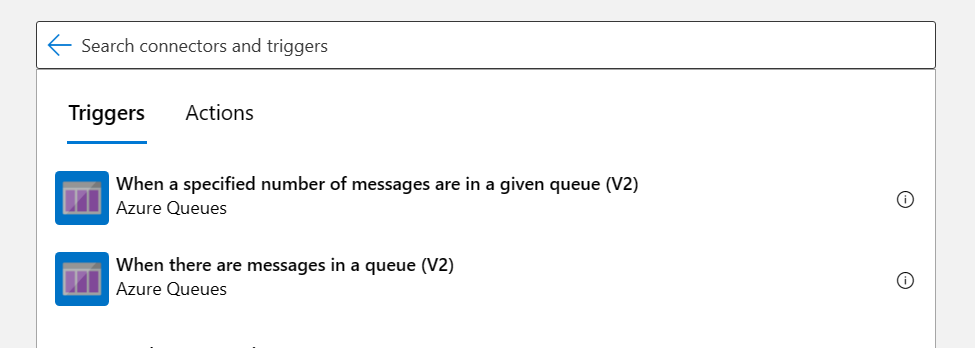 A screenshot showing the 2 different triggers for an Azure Storage Queue