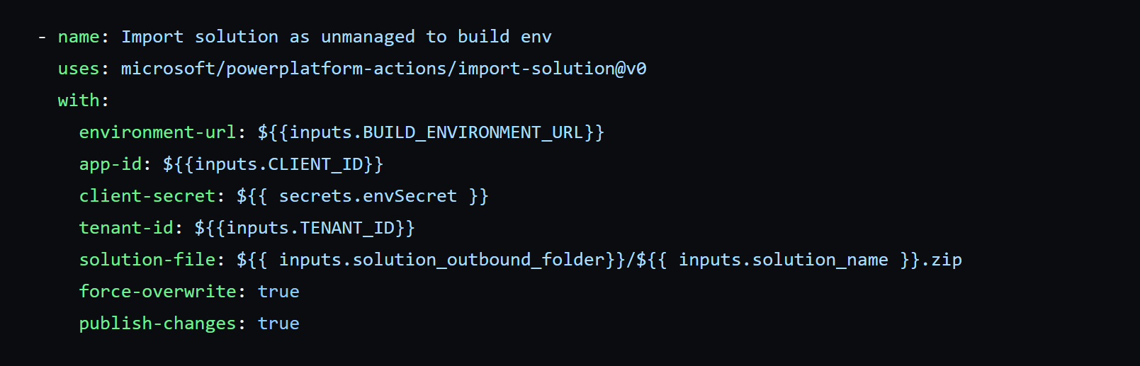 Example of invoking environment variables from the action