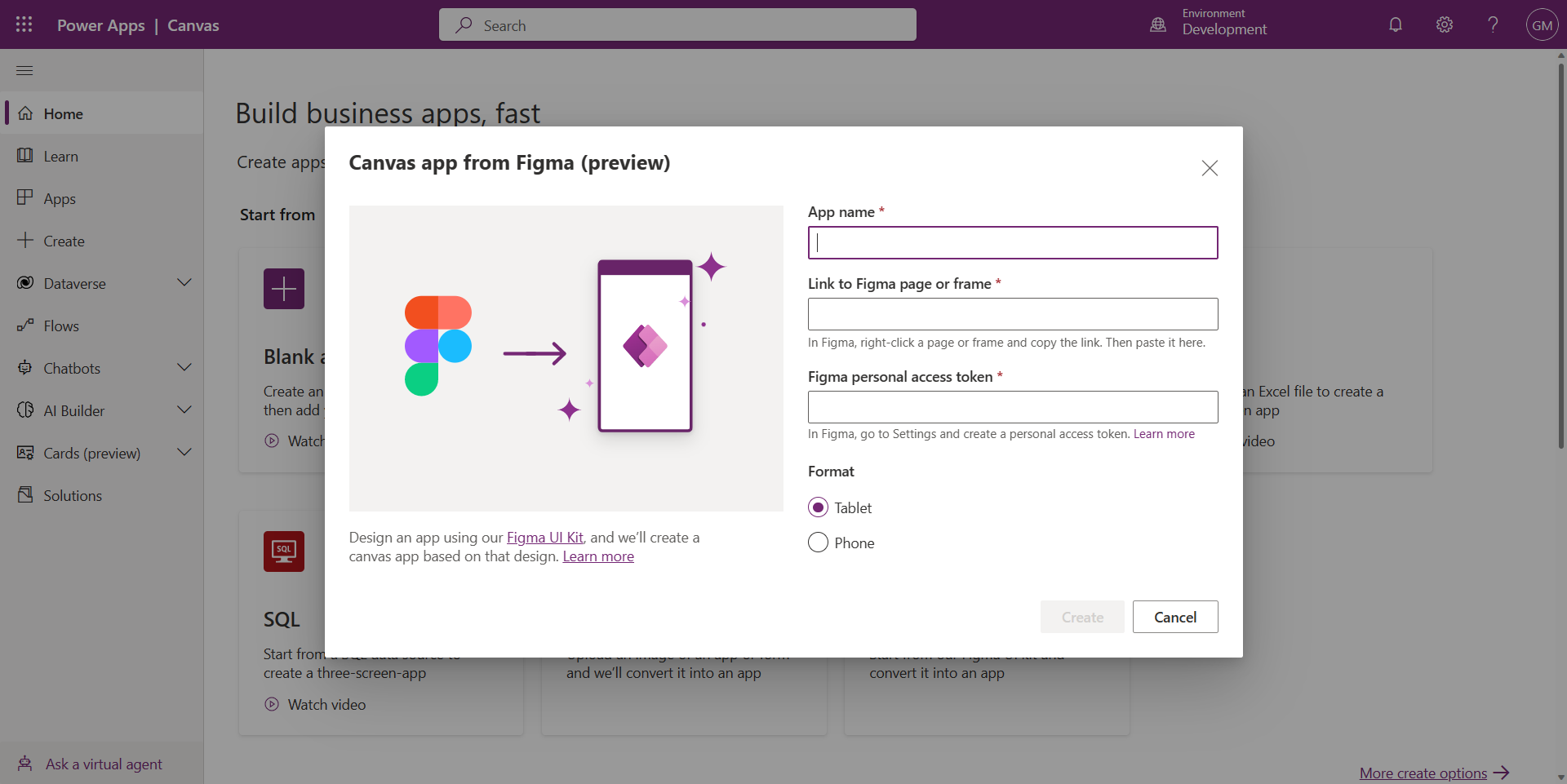 Image showing the Figma to App fucntionality in Power Apps