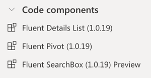Screenshot of code components section with Fluent command bar, details list, pivot and search box