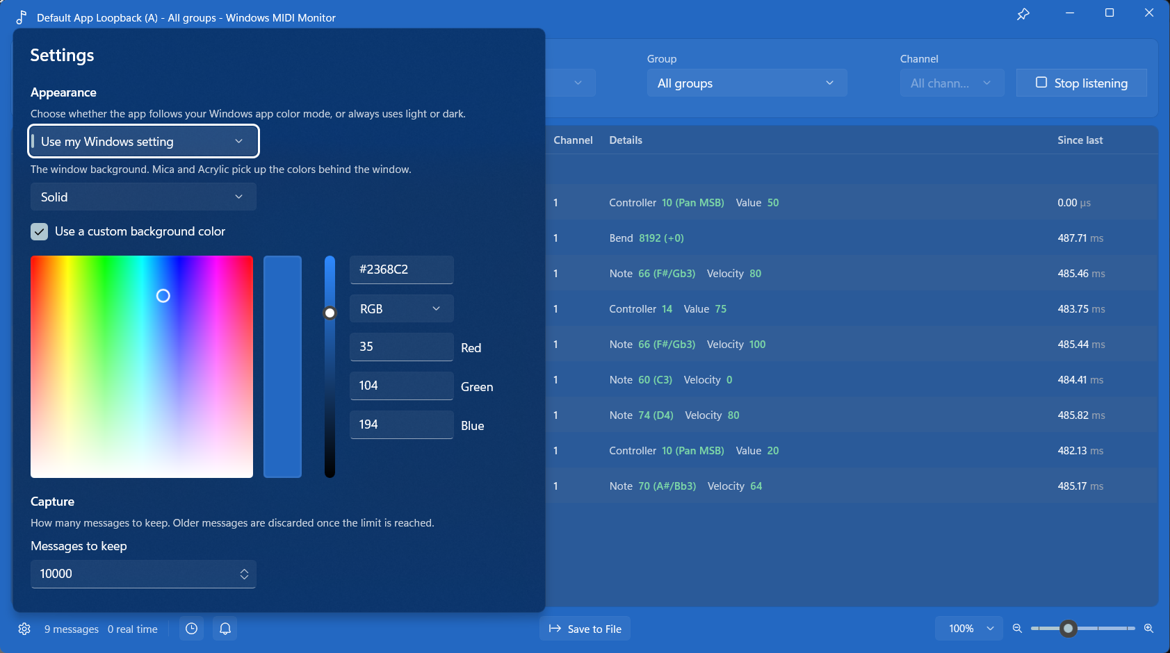 The settings panel