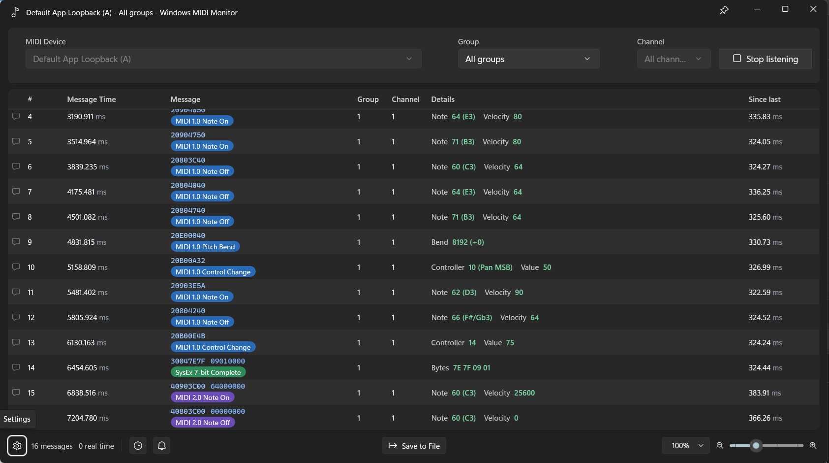 The MIDI Monitor main window