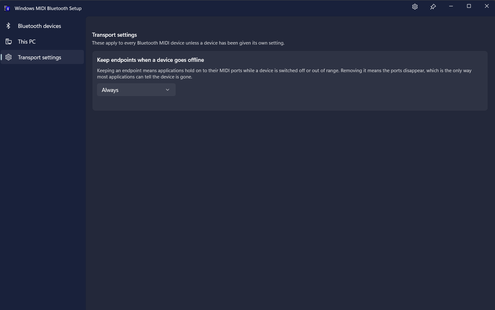 The transport settings page