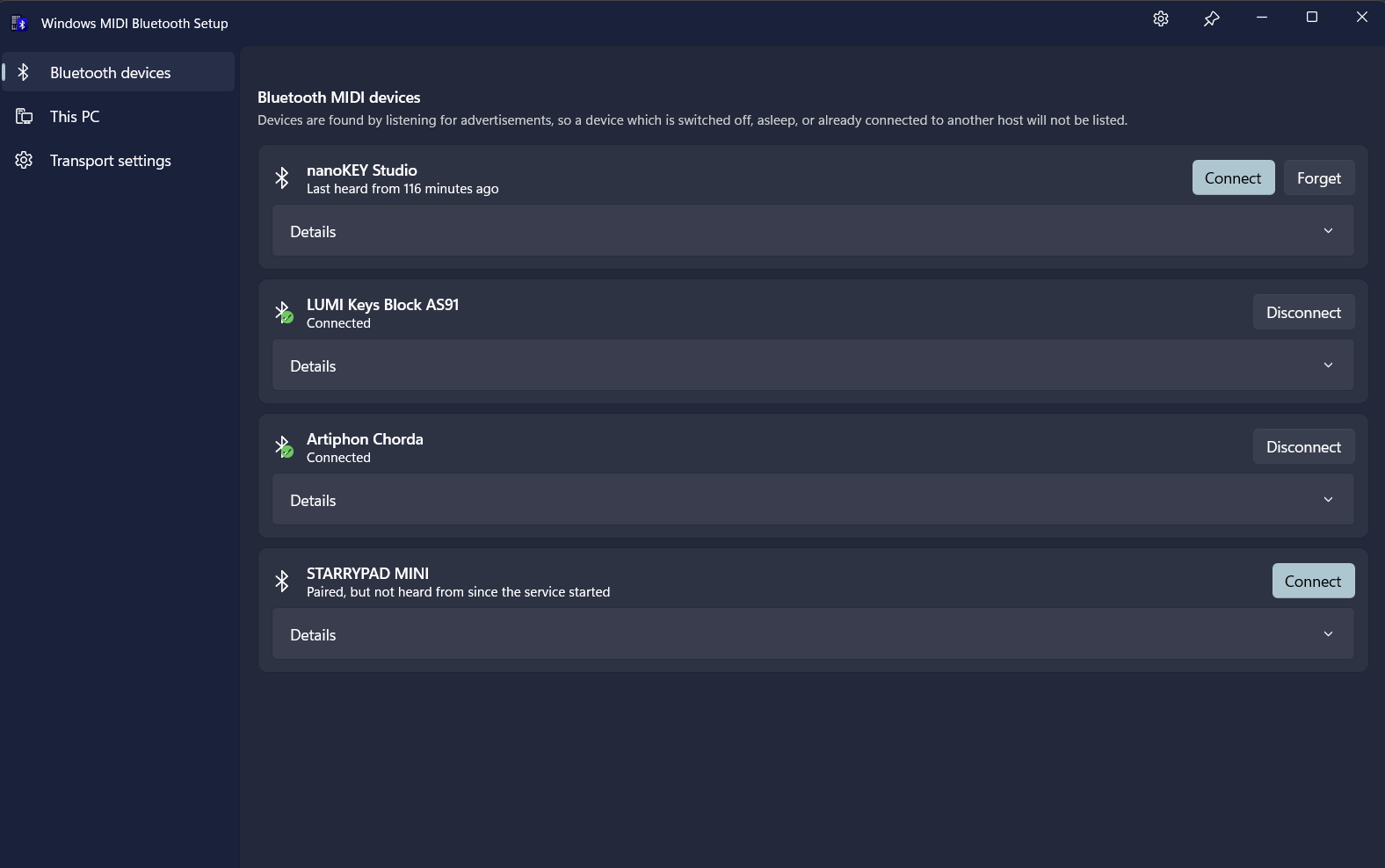 The Bluetooth MIDI Setup main window