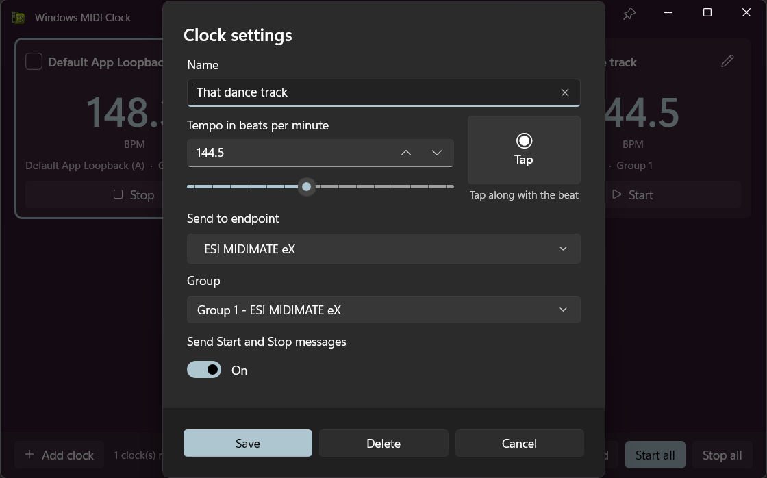 The clock settings dialog