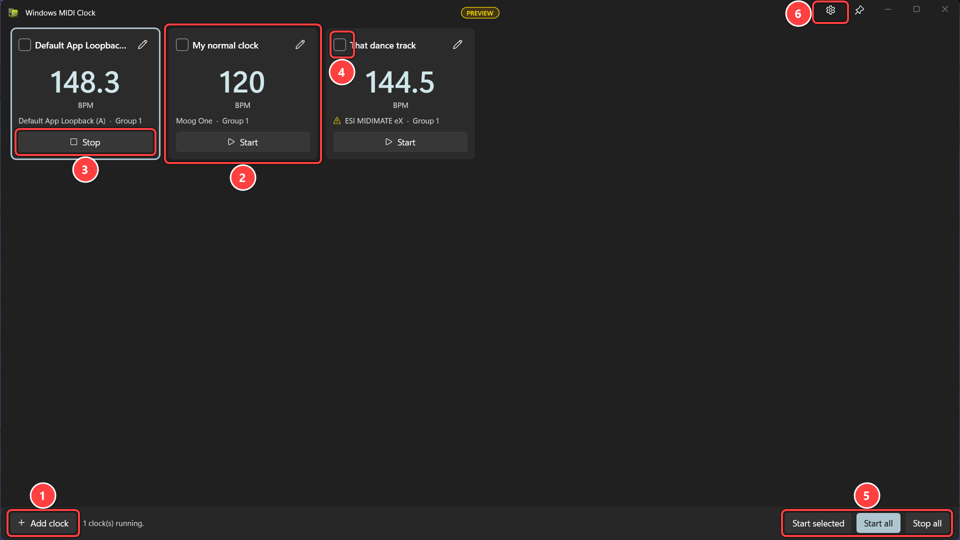 The Windows MIDI Clock window, with numbered callouts on Add clock, a clock tile, a tile's Start button, a tile's check box, the Start selected, Start all and Stop all buttons, and the settings button