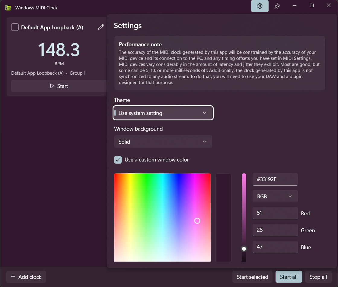 The settings panel with the performance note