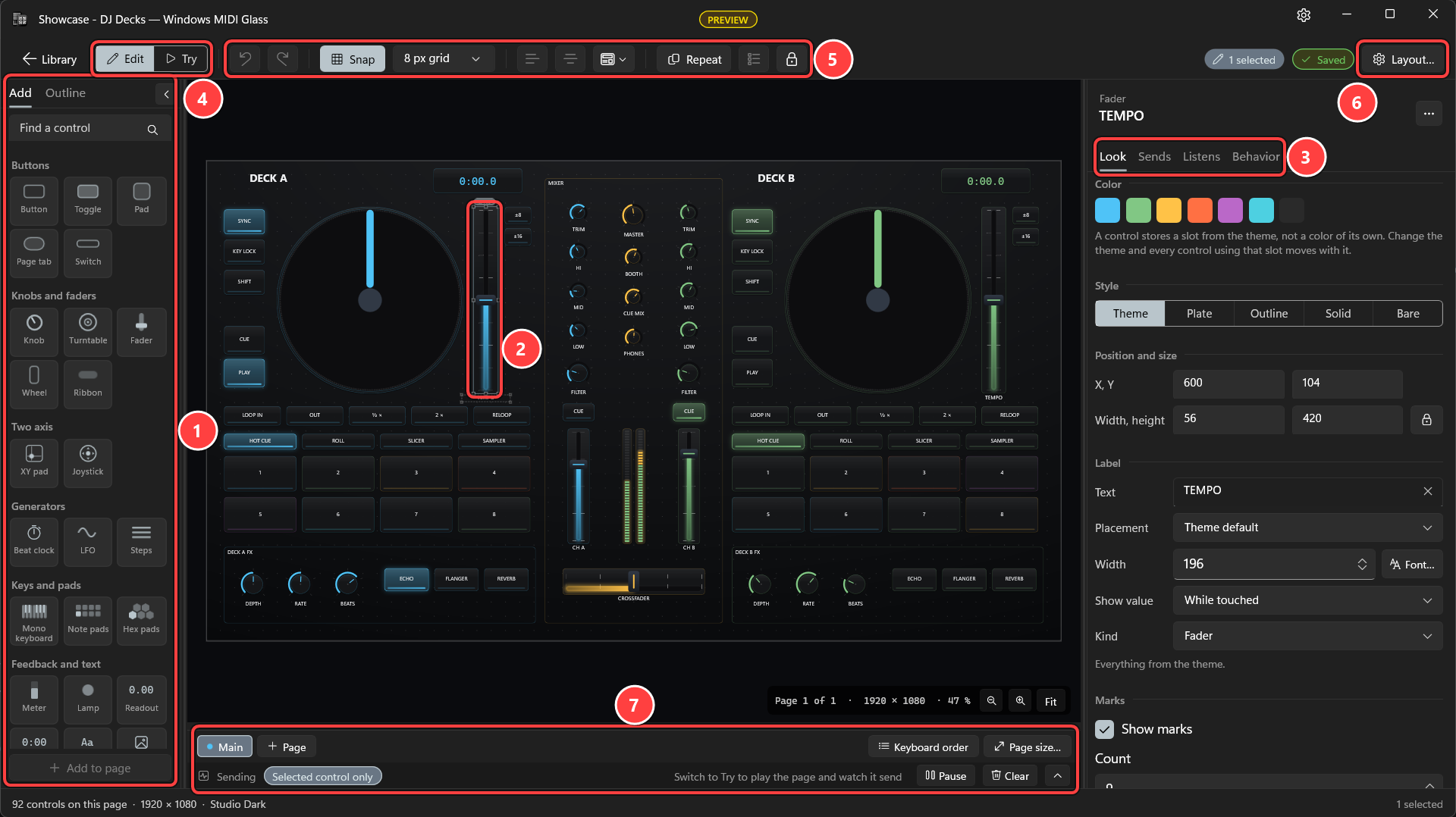 The Windows MIDI Glass editor, with numbered callouts on the Add pane, a selected fader on the page, the inspector tabs, the Edit and Try switch, the toolbar, the Layout button, and the page tabs and Sending list under the page