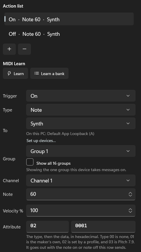 The Sends tab for a pad's note on row, with the attribute type 02 and the attribute data 0001