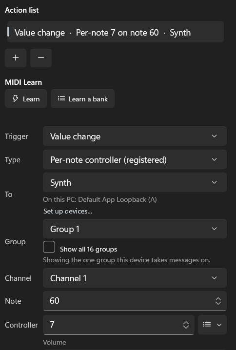 The Sends tab for a knob that sends a registered per-note controller, with Note 60 and Controller 7, which the list names Volume