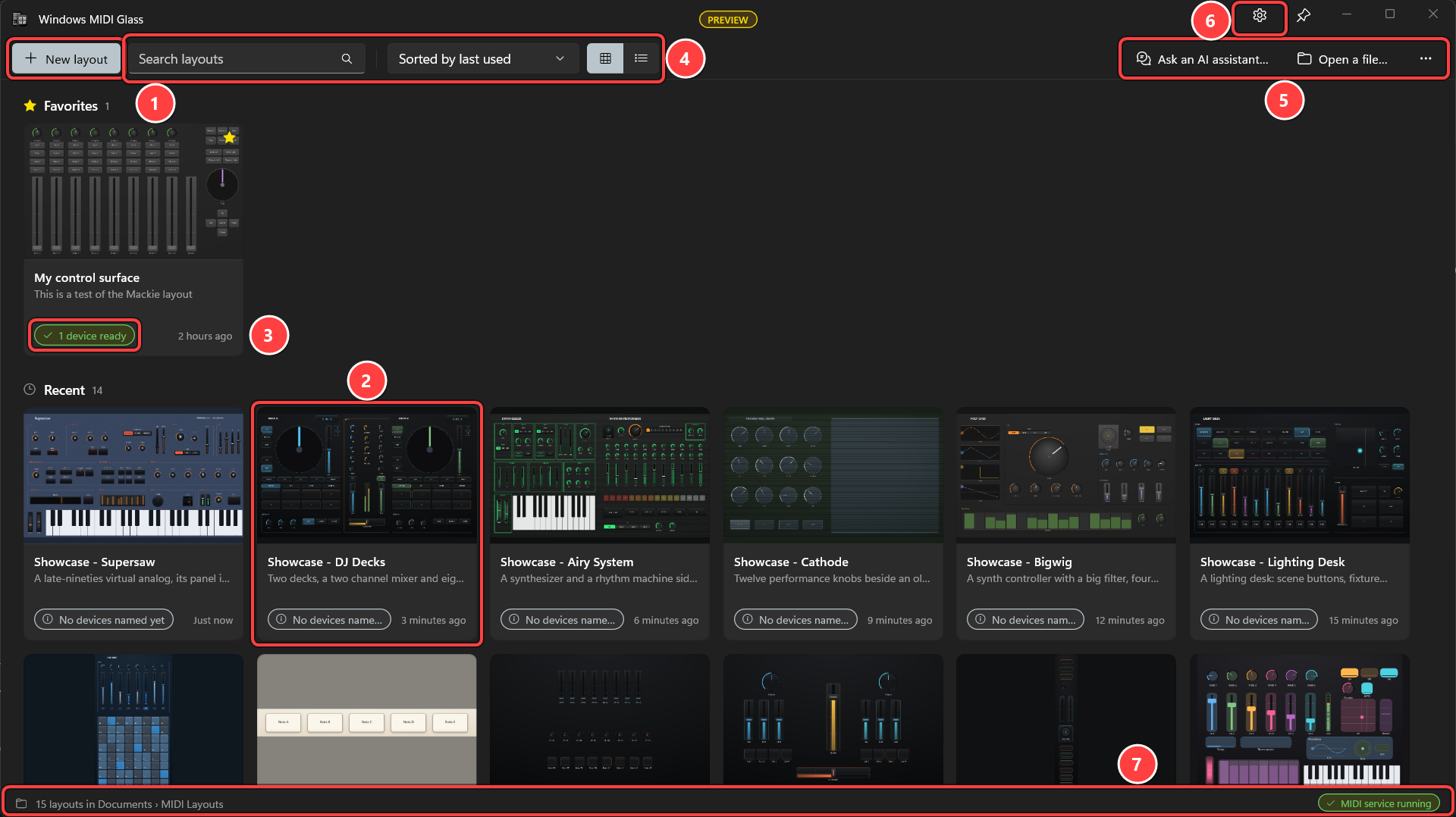 The Windows MIDI Glass library, with numbered callouts on the New layout button, a layout card, a card's device status, the search and sort controls, the Ask an AI assistant, Open a file and More options buttons, the Appearance and settings button, and the status bar