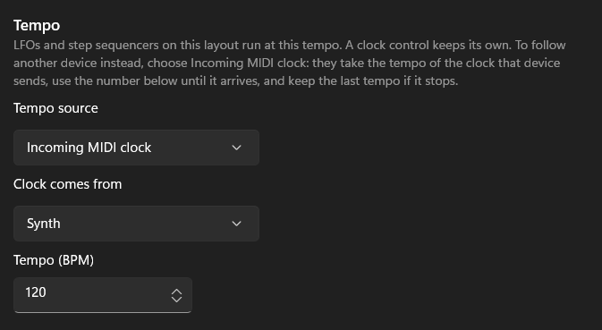 The Tempo settings, with Tempo source set to Incoming MIDI clock, Clock comes from set to Synth, and a tempo of 120