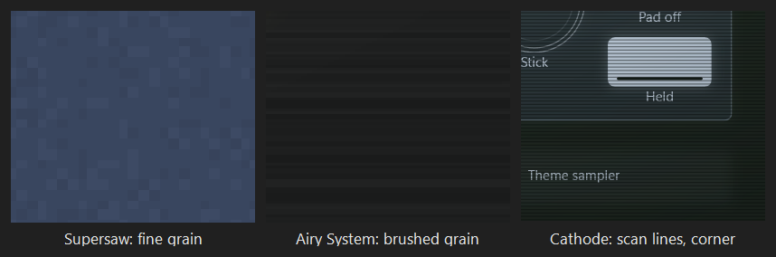 Fine grain on Supersaw and brushed grain on Airy System, enlarged three times, and scan lines with corner fall-off in the bottom right corner of Cathode