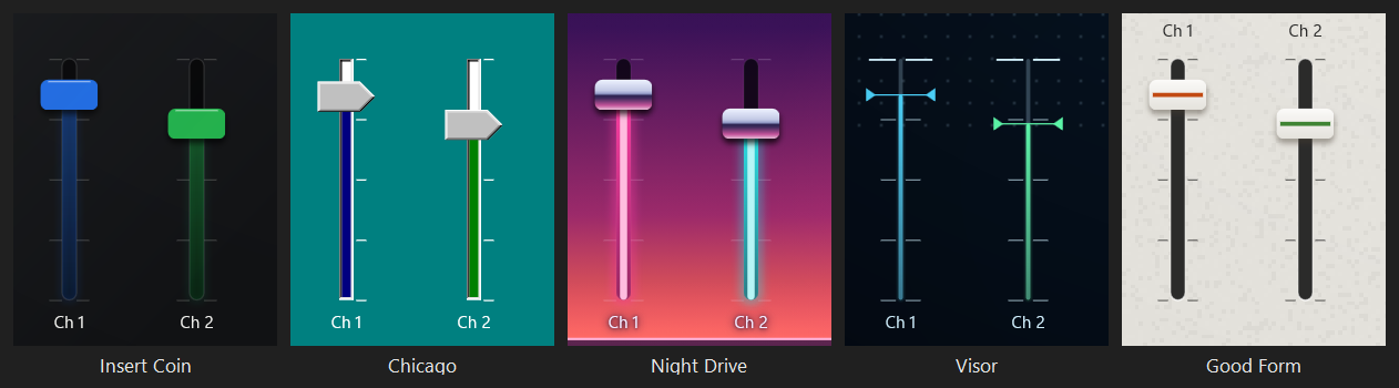 Faders with caps in their own color on Insert Coin, pointer caps beside sunken white slots on Chicago, chrome caps over neon on Night Drive, chevrons pinching a rail on Visor, and light caps with a line of their color on Good Form
