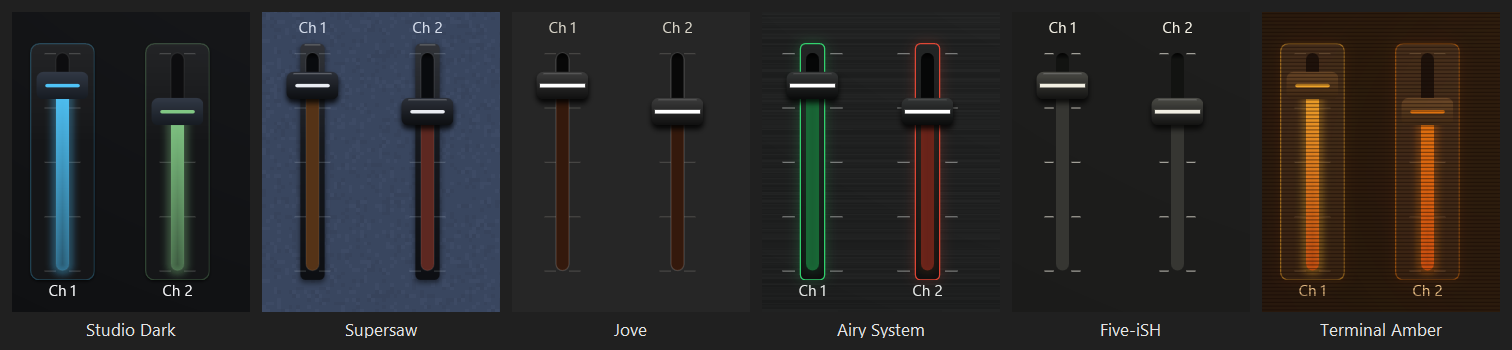 Faders with a full plate on Studio Dark, a strip on Supersaw, no plate on Jove, a lit frame on Airy System, a printed scale on Five-iSH, and a fill that fades to the glow on Terminal Amber