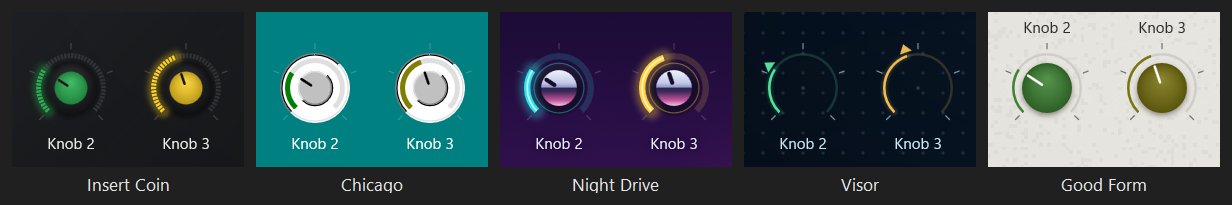 Knobs with caps in their own color inside rings of lights on Insert Coin, arcs printed on a sunken white face on Chicago, chrome caps on Night Drive, chevrons riding the arc on Visor, and knobs that are only their colored caps on Good Form