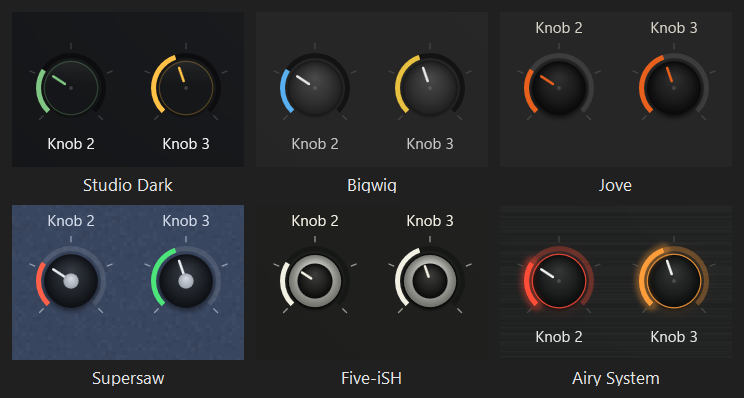 Knobs on Studio Dark, Bigwig, Jove, Supersaw, Five-iSH, and Airy System