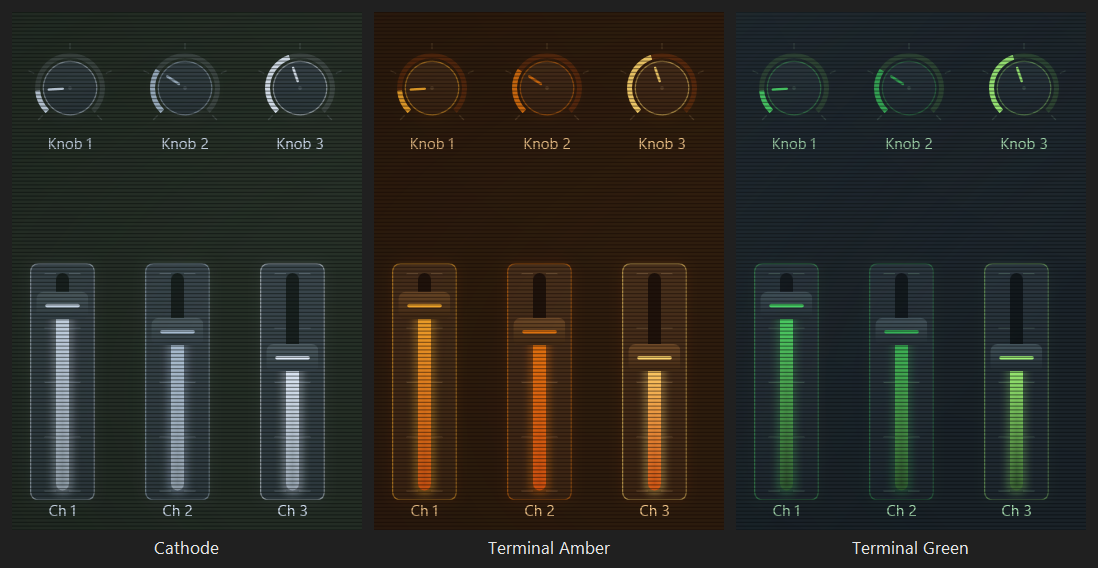Resting glow, and a glow in each phosphor's own color, on Cathode, Terminal Amber, and Terminal Green