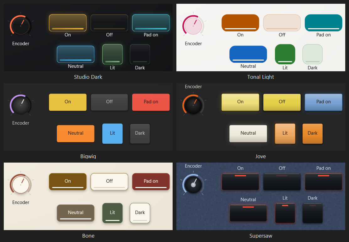 The same controls drawn as glass on Studio Dark, a tonal fill on Tonal Light, a named plate on Bigwig, glossy tabs on Jove, a shadowed plate on Bone, and black molding on Supersaw