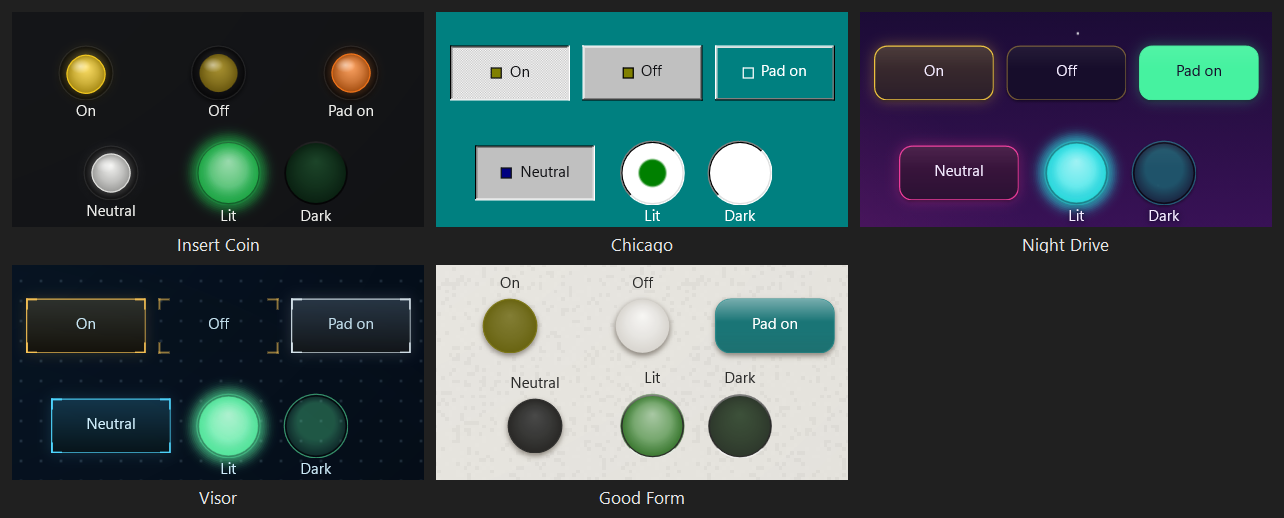 Switches off and on: round buttons in black rings on Insert Coin, raised buttons with color tags and a checkered latch on Chicago, neon edges and a lit pad on Night Drive, corners that close into a frame on Visor, and round keys on Good Form that get deeper when they're on