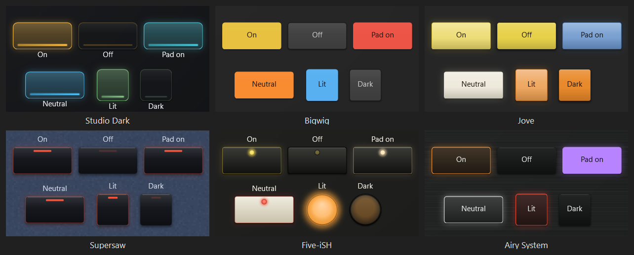 Switches off and on: a light fill on Studio Dark, a full fill with the name inside on Bigwig, solid tabs that go paler on Jove, a bar lamp on Supersaw, a round lamp on Five-iSH, and dark buttons beside colored pads on Airy System