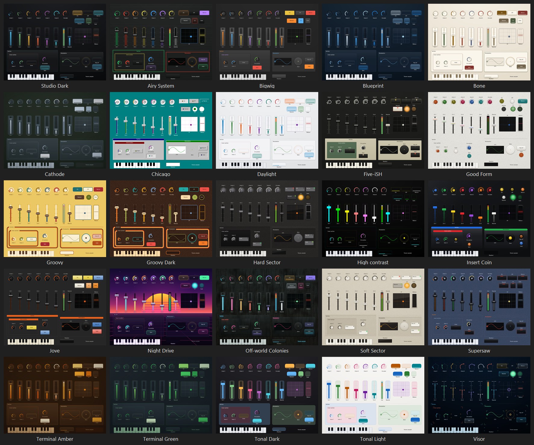 The same page of controls in all twenty-five shipping themes