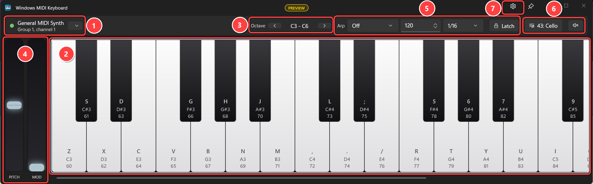 The Windows MIDI Keyboard window, with numbered callouts on the connection, the keys, the octave buttons, the pitch and modulation ribbons, the arpeggiator and latch controls, the program and panic buttons, and the settings button