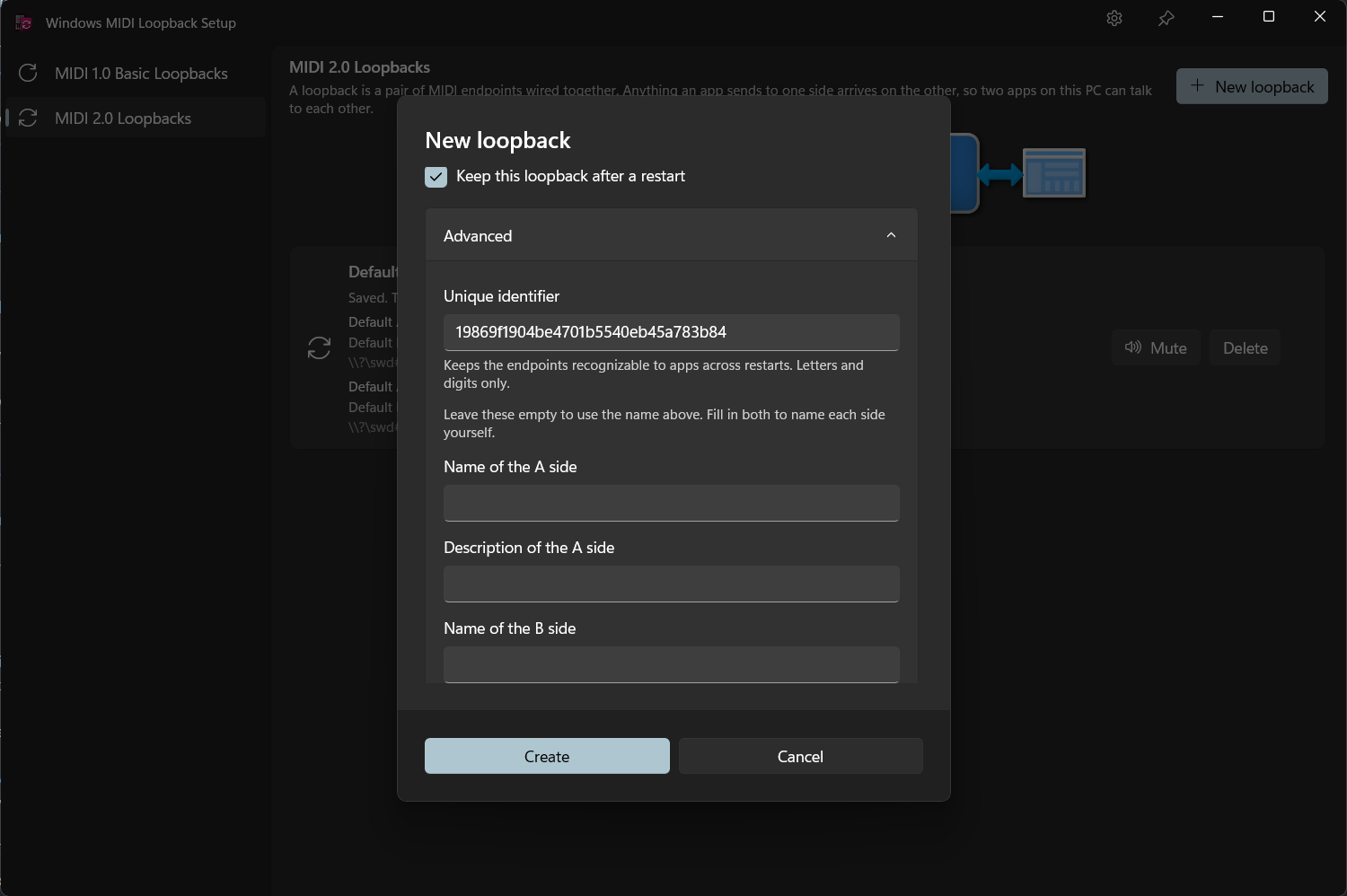 The advanced section of the create dialog
