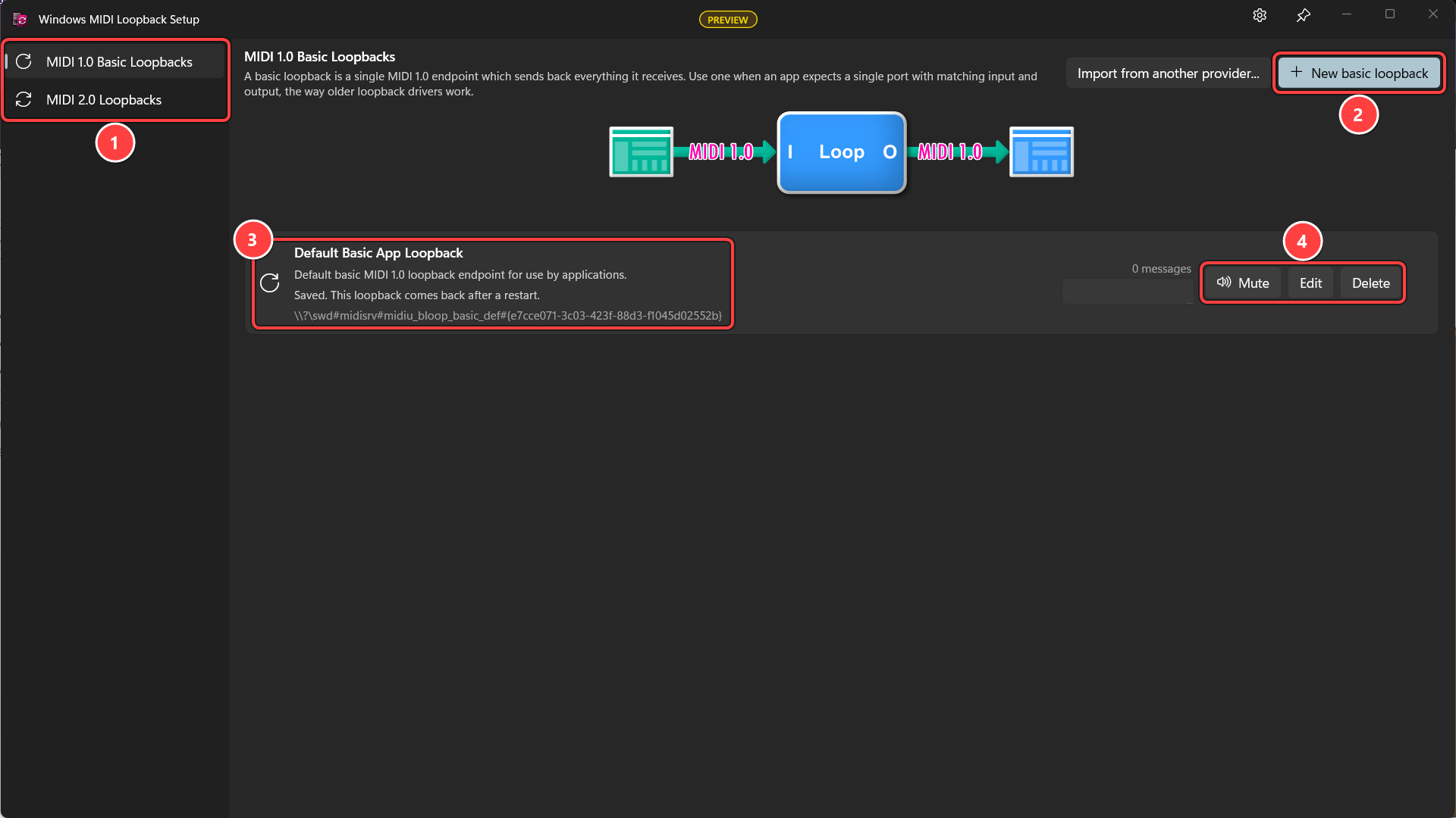The Windows MIDI Loopback Setup window, with numbered callouts on the two pages, the New basic loopback button, a loopback in the list, and its Mute, Edit and Delete buttons