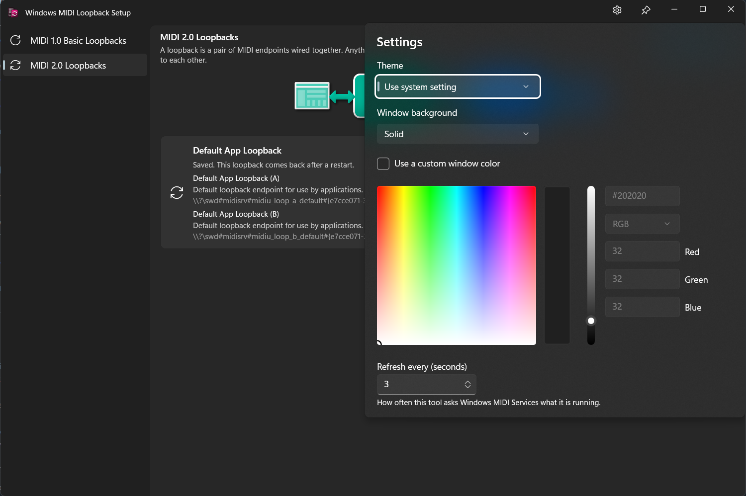 The settings panel