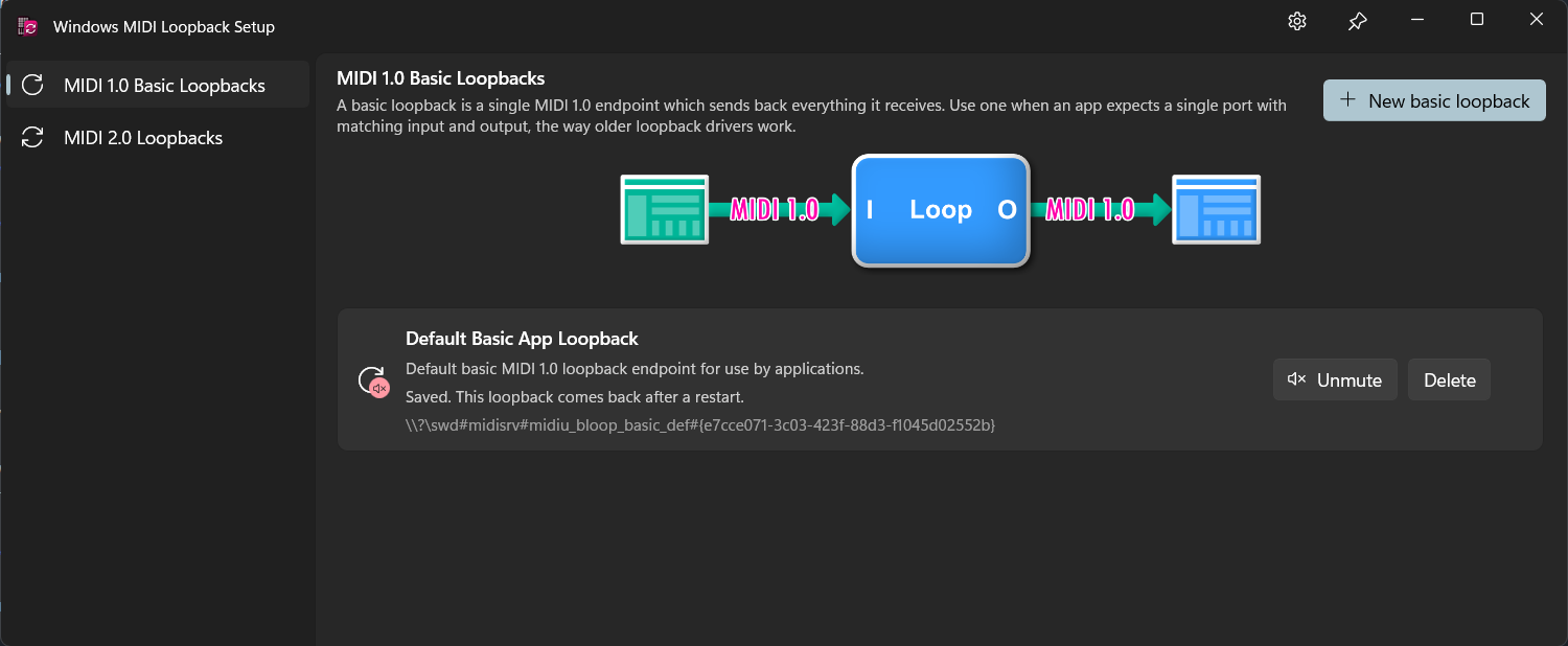 The MIDI Loopback Setup main window