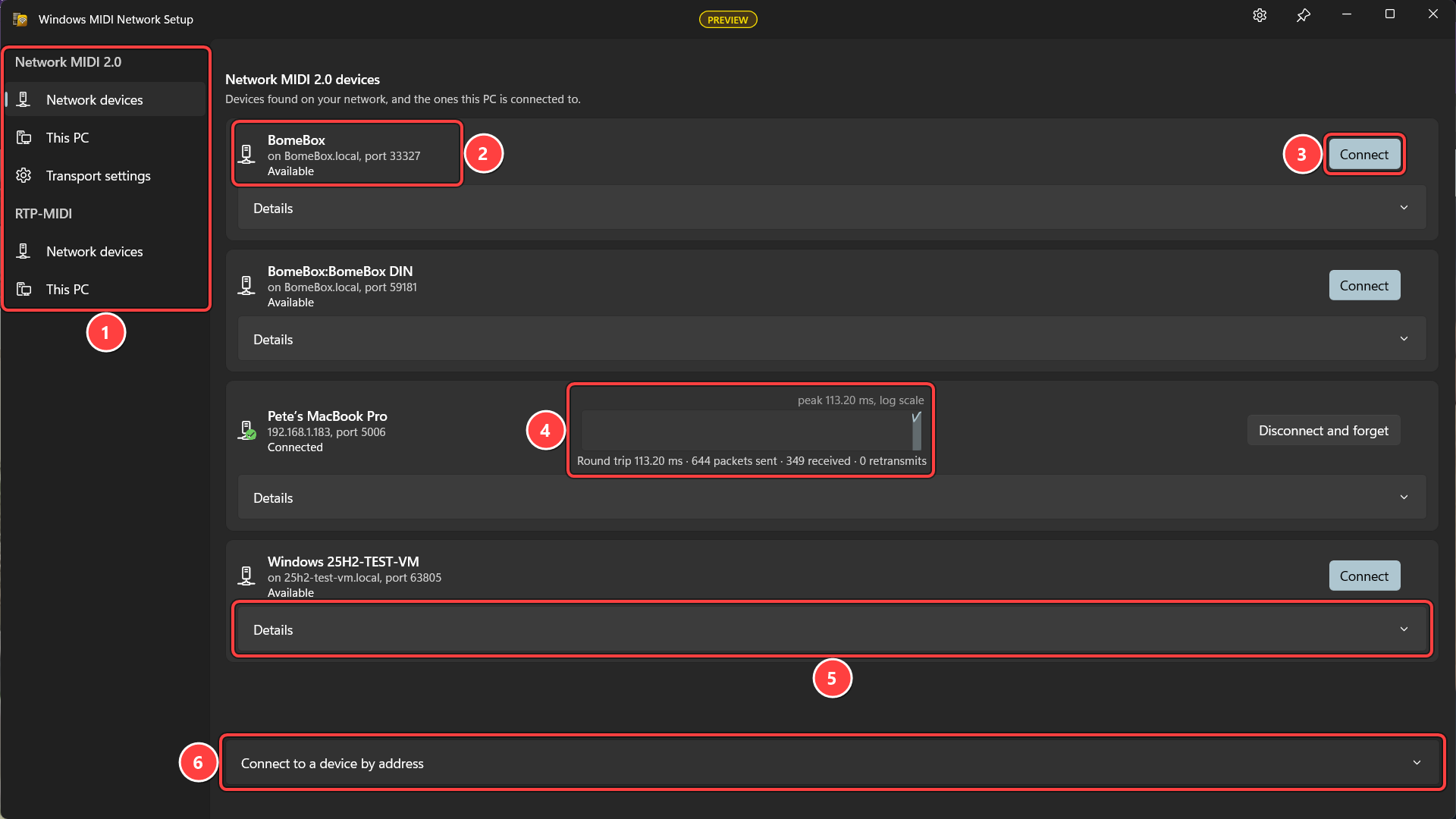 The Windows MIDI Network Setup window, with numbered callouts on the list of pages, a device's name and address, its Connect button, a connected device's round trip graph, a device's Details, and Connect to a device by address