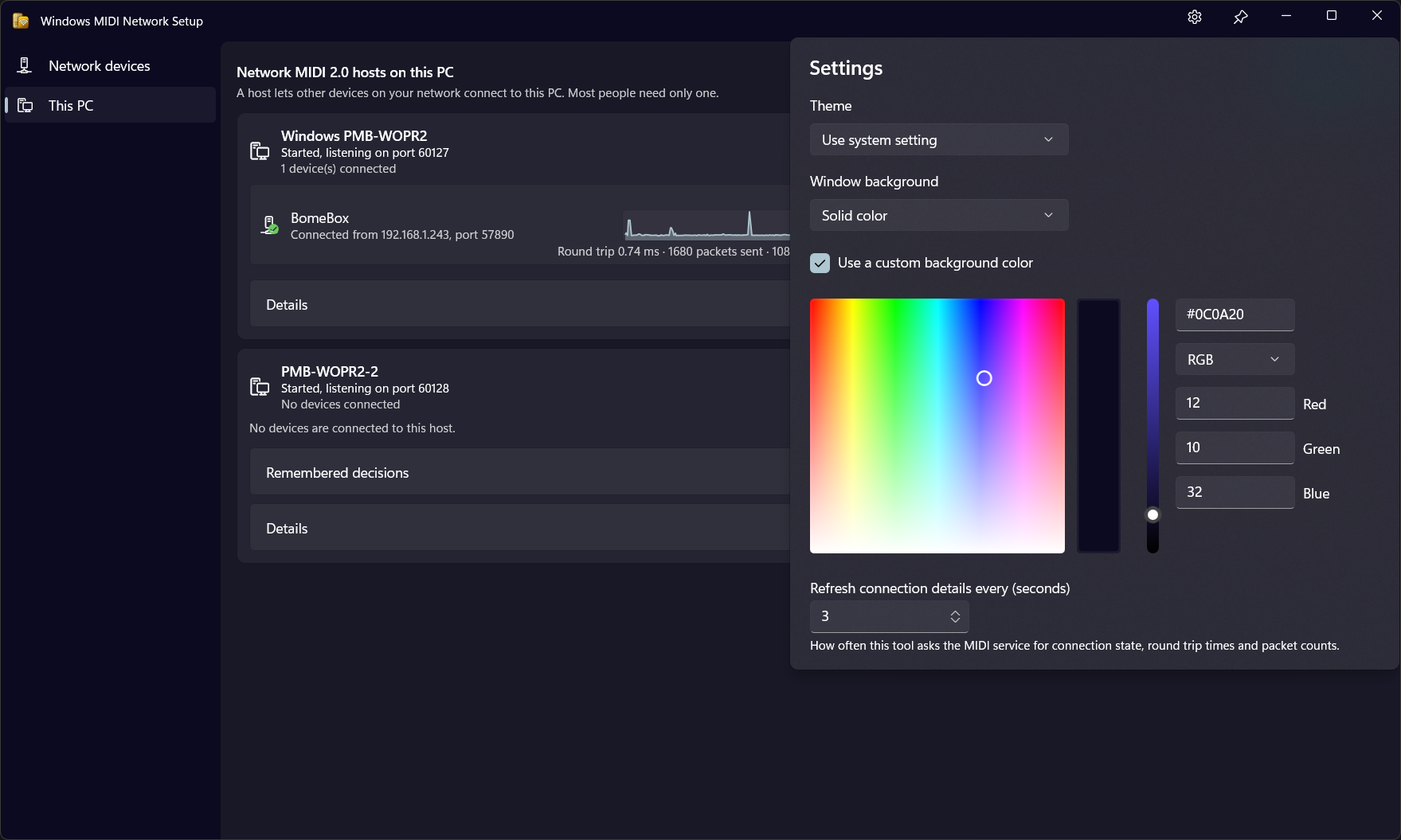 The settings panel