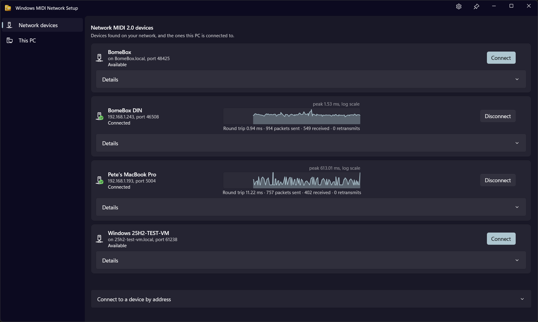 The Network MIDI 2.0 Setup main window