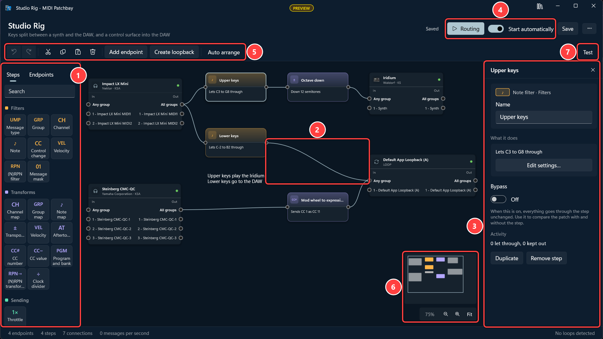 A patch open in a window of its own, with numbered callouts on the Steps and Endpoints panel, a connection, the details panel, the Routing button and Start automatically switch, the toolbar, the zoom controls, and the Test button