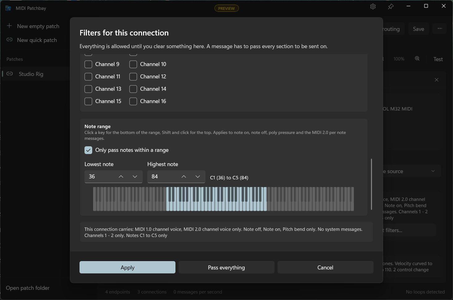 Setting a note range on the keyboard