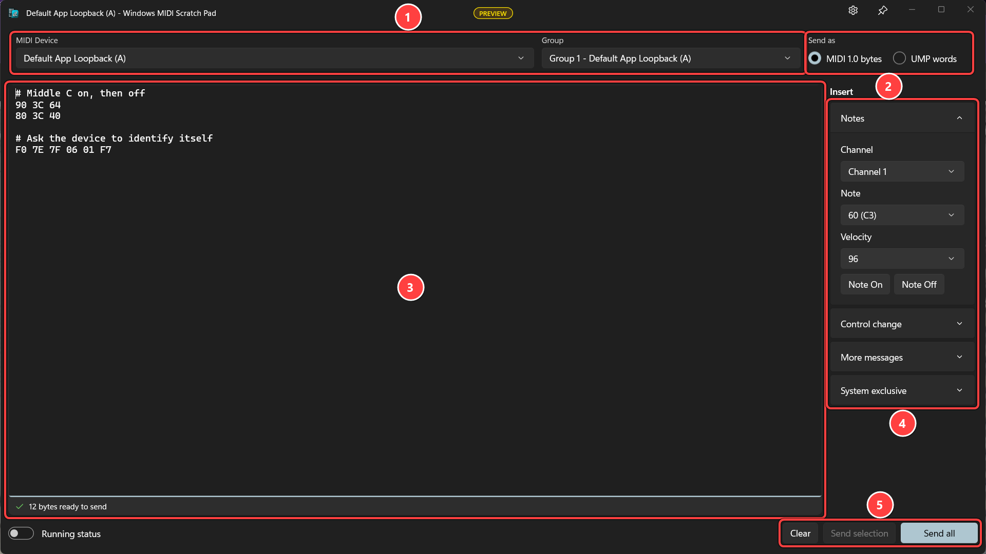 The Windows MIDI Scratch Pad window with three messages typed in, and numbered callouts on the MIDI Device and Group lists, the Send as buttons, the message editor, the Insert panel, and the Clear and Send buttons