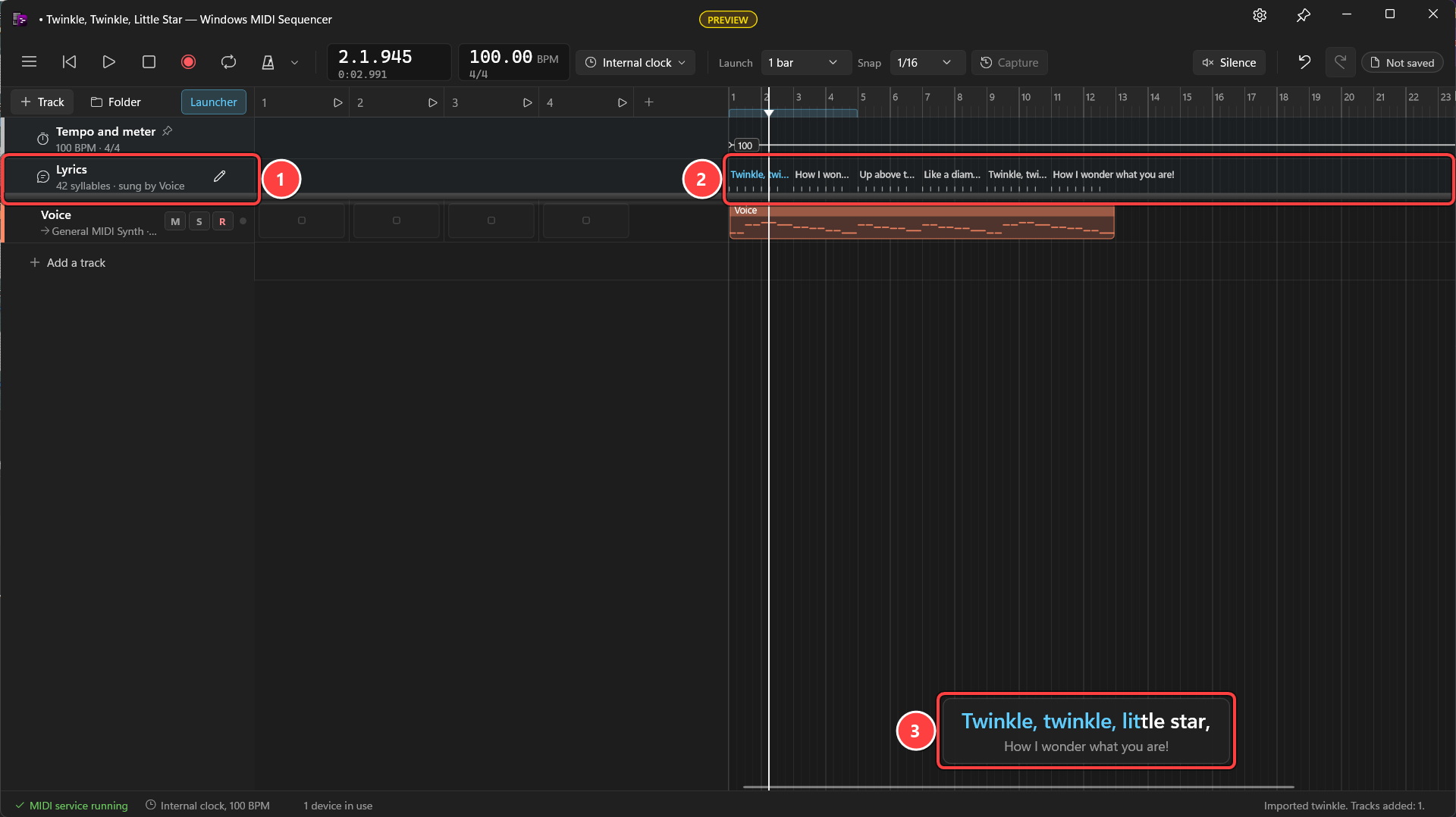 The Lyrics row under Tempo and meter, with numbered callouts on the Lyrics header, the lines of lyrics on the timeline, and the box near the bottom that shows the line being sung