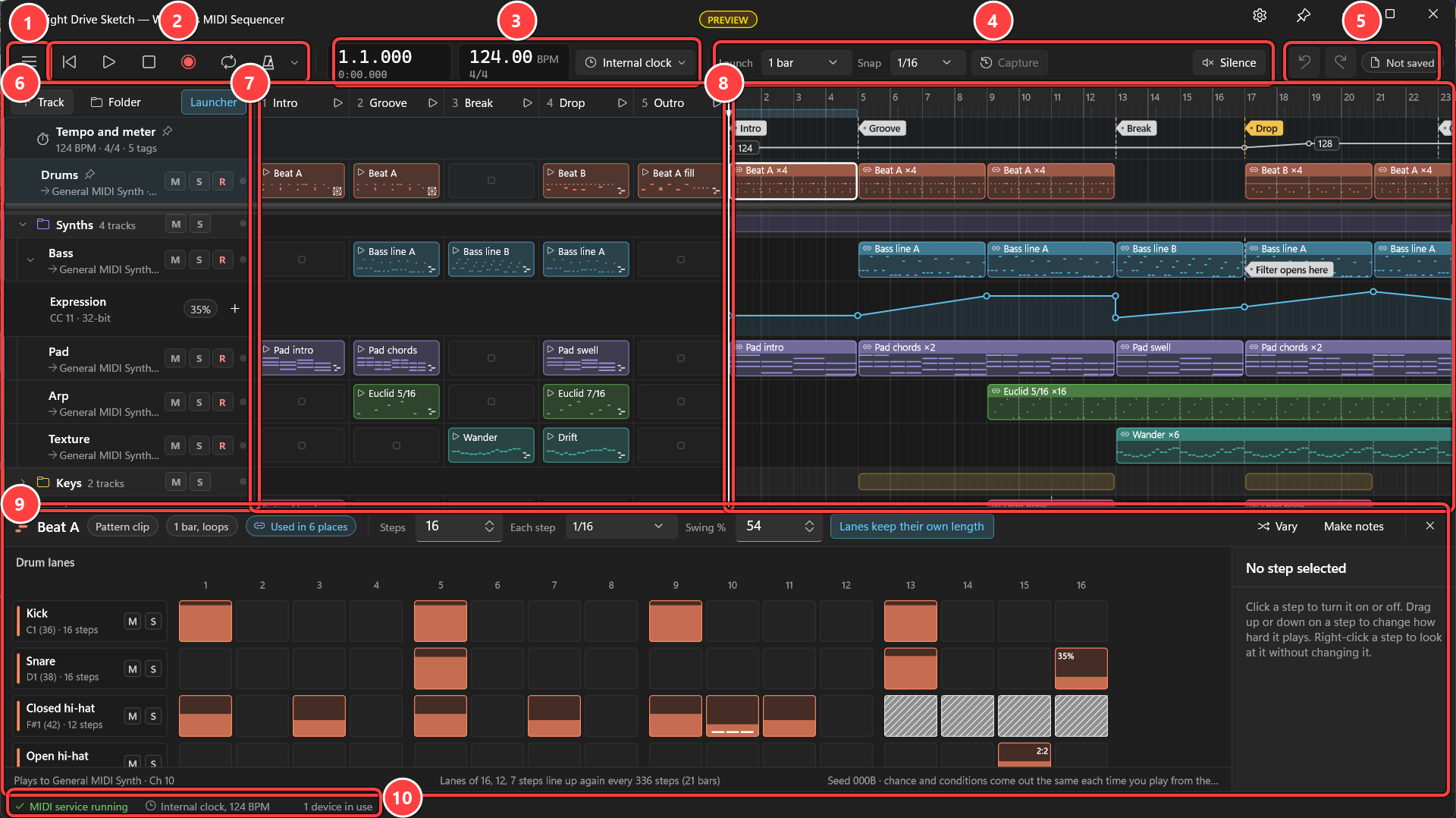The Windows MIDI Sequencer main window with the sample sequence open, and numbered callouts on the File menu button, the transport buttons, the position and tempo display, the Launch, Snap, Capture and Silence controls, Undo and Redo, the track list, the clip launcher, the timeline, the editor, and the status bar