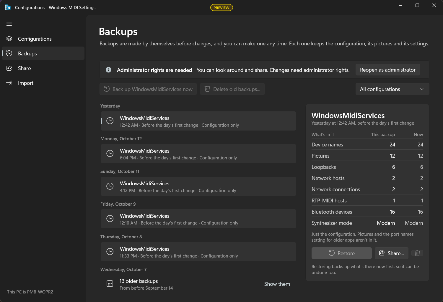 The Backups page, with a backup selected and what's in it shown next to what's in use now