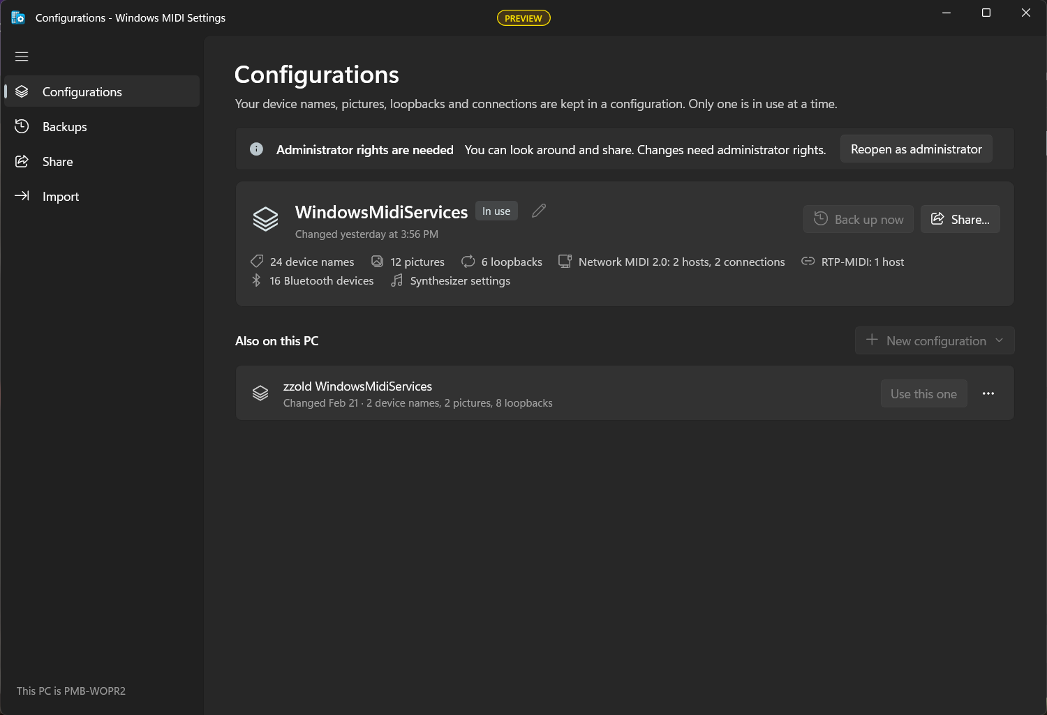 The Configurations page, with the configuration in use at the top and the others on this PC below it