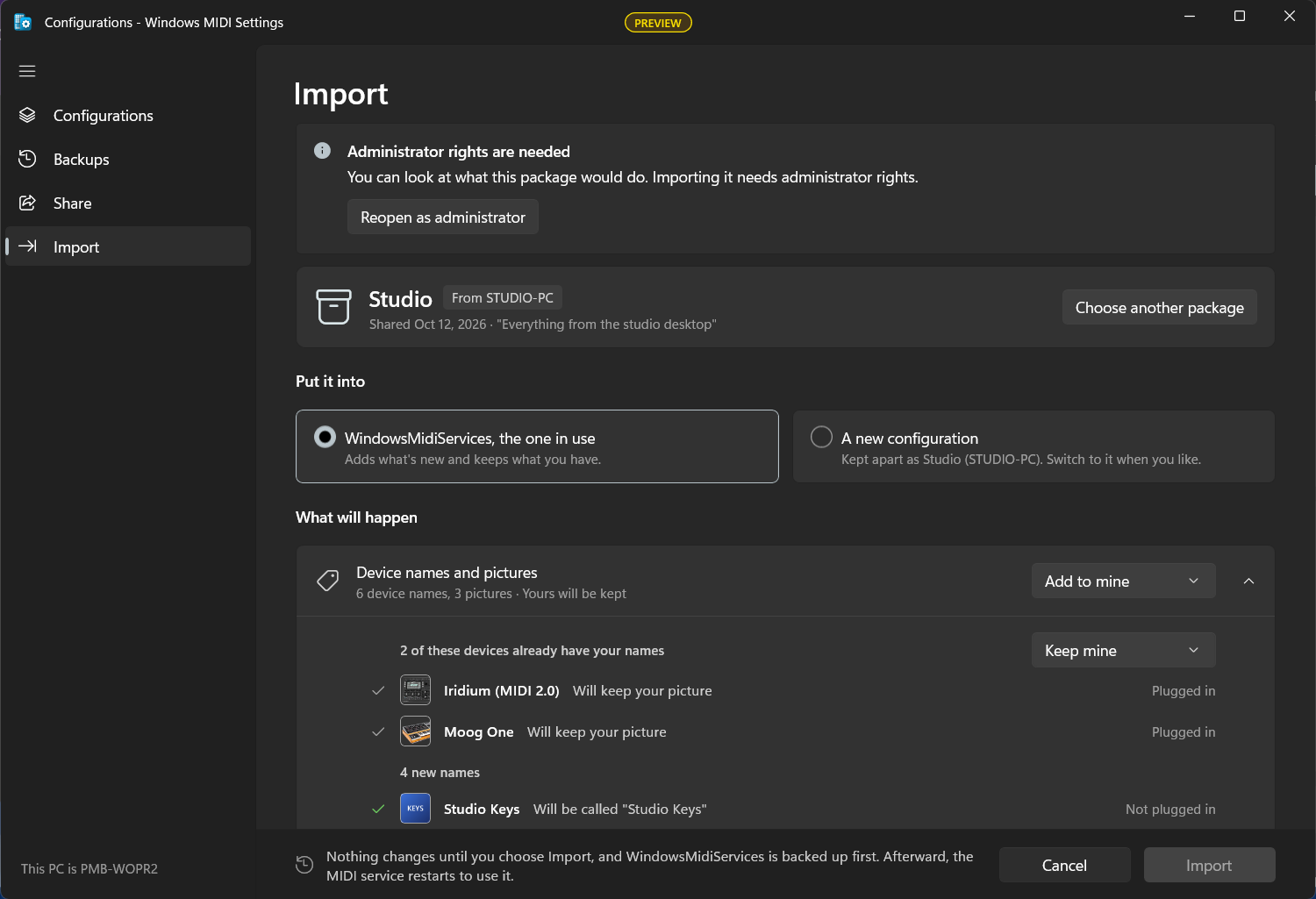 The Import page with a package open, showing what each part will do to this PC